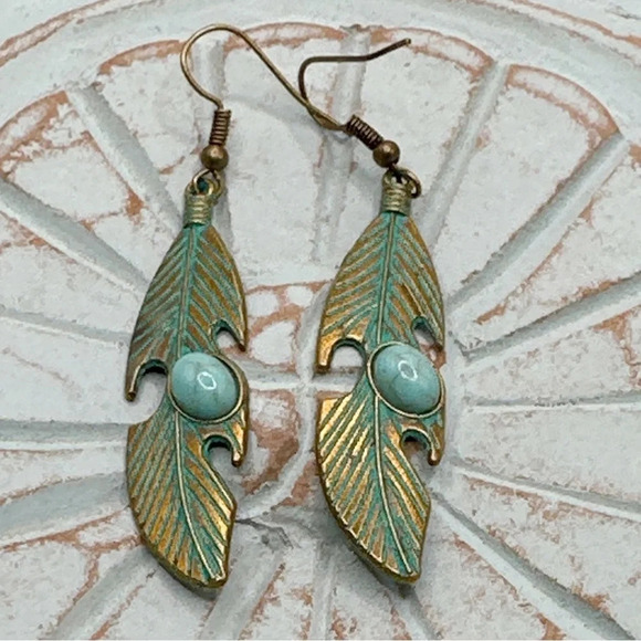 Turquoise and gold steel ethnic hoops dangle earrings/protection and peace - Picture 1 of 6